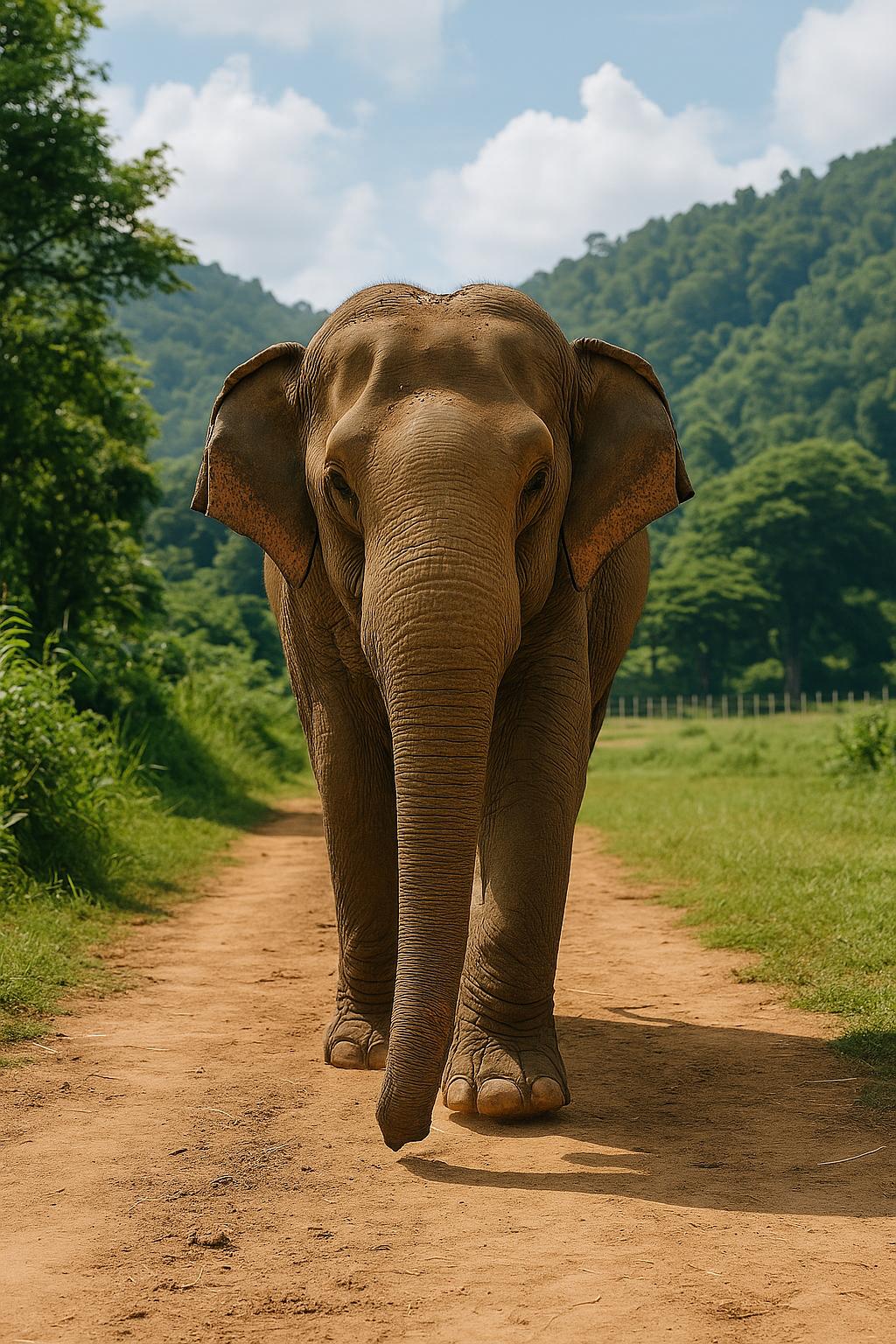 Éléphant en Thaïlande marchant librement dans un sanctuaire éthique, entouré de nature et de collines verdoyantes.